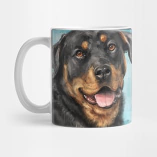 Painting of a Smiling Rottweiler with an Adorable Expression - Light Blue Spattered Background Mug